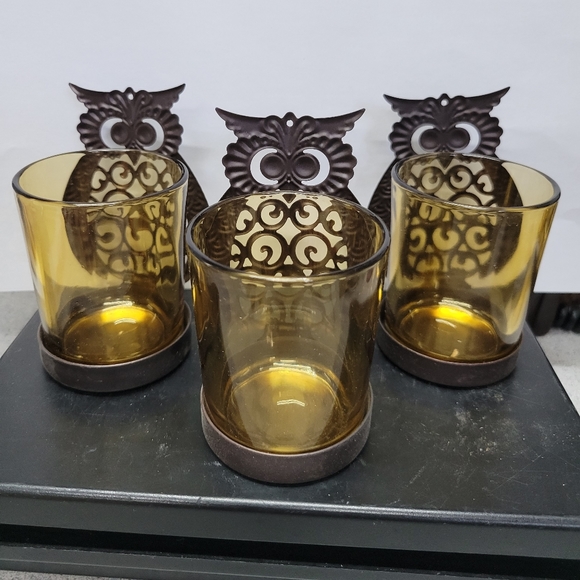 Set of 3 Metal Owl candle holders with glass inser - Picture 2 of 6